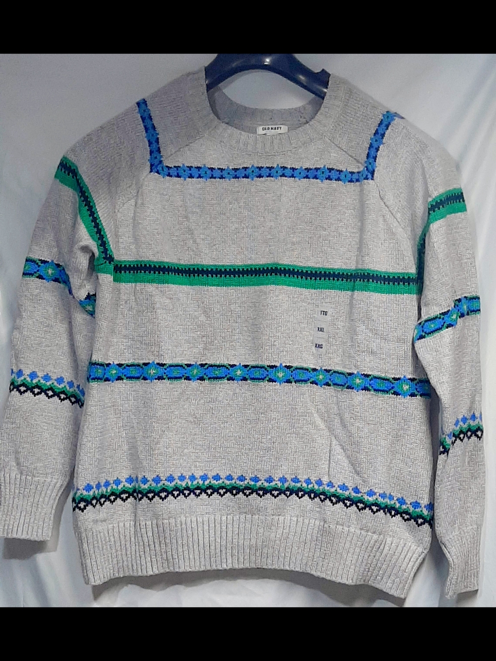 Old Navy Light Gray Crewneck Sweater with Blue & Green Stripes